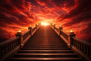 Fototapeta premium Red tinted sky at sunset featuring stair steps leading upward capturing spiritual symbolism