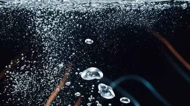 Closeup of Bubbles Rising in Water Against a Dark Background.