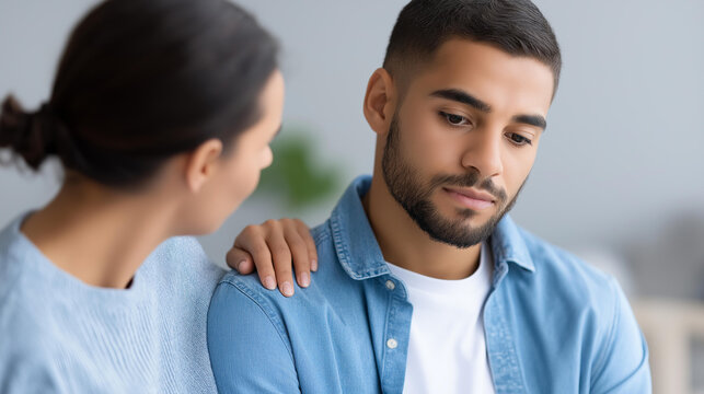 Close-up of a woman consoling a man with a gentle hand on his arm, emotional support concept, mental health in relationships, compassionate interpersonal care, defocused