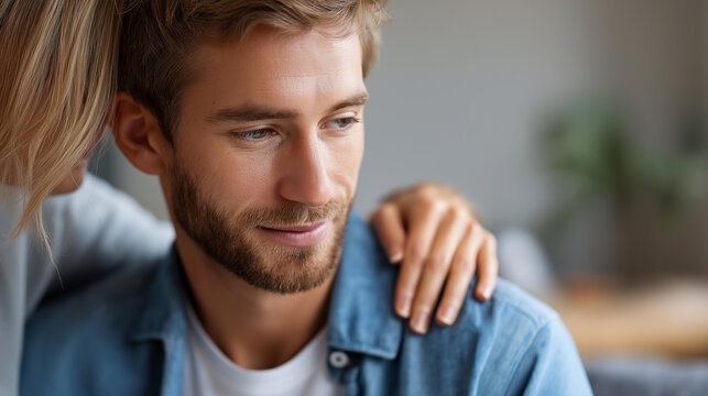 Close-up of a woman consoling a man with a gentle hand on his arm, emotional support concept, mental health in relationships, compassionate interpersonal care, defocused