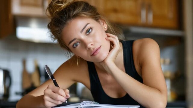 Contemplative Writer at Work: A thoughtful woman leans over a notebook, her gaze direct, a pen poised, immersed in the act of writing and self-expression.