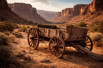 Fototapeta premium A weathered wooden wagon set against a panoramic desert canyon backdrop highlighting natural rugged scenery and western heritage