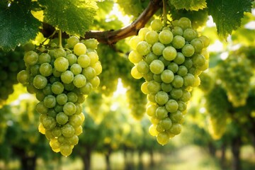 Naklejka premium Macro view of healthy grape clusters thriving on green summer vines in a vineyard