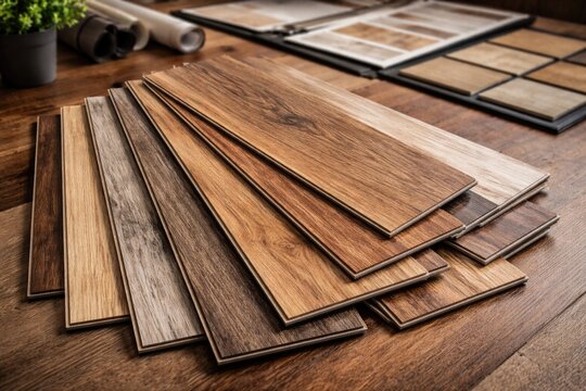 Interior design focus on SPC vinyl floor plank samples with diverse wood grain surfaces