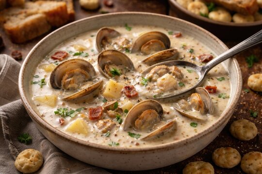 Wholesome clam chowder featuring tender clams and cream