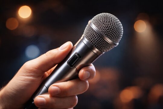 Silver microphone in hand used to amplify voice clearly