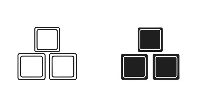Stacked square cube icon set in outline and solid black style for abstract organizational or gaming software UI design