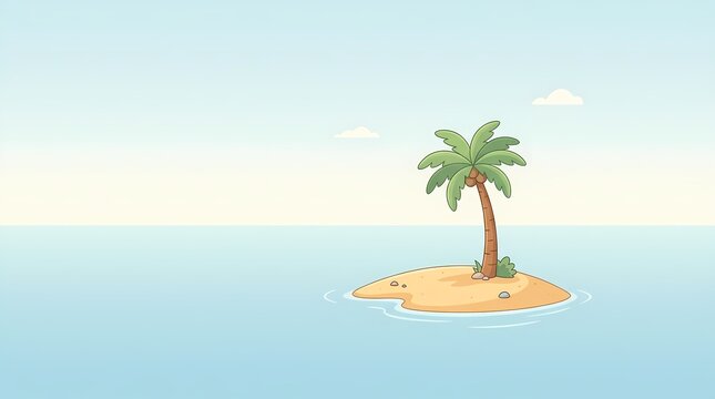 Vector Illustration of a Tiny Tropical Desert Island with a Single Palm Tree in a Calm Blue Ocean