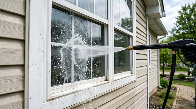 Pressure washer cleaning house windows and siding for a spotless exterior finish