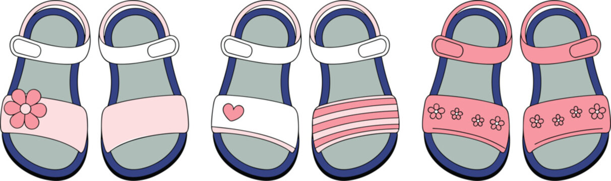 Cute Kids Sandal Vector Collection Featuring Colorful Summer Footwear with Floral and Heart Decorations for Children Fashion Design