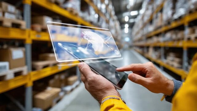 Warehouse Efficiency: A worker's hands hold a tablet displaying an interactive map, navigating through a warehouse of stored goods, demonstrating modern inventory control and logistics