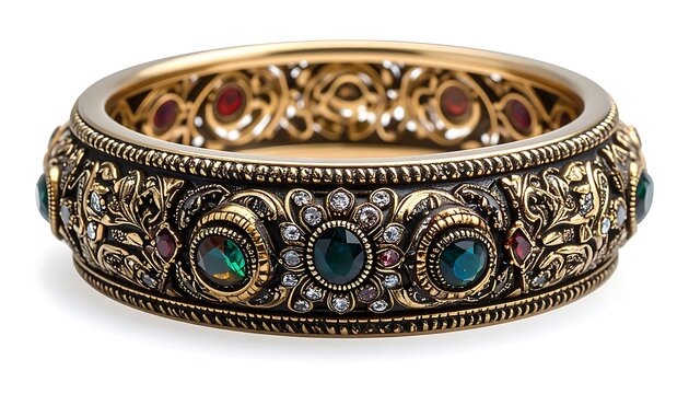 Ornate gold and dark metal bangle with colorful jewel insets, detailed filigree design, and white gems