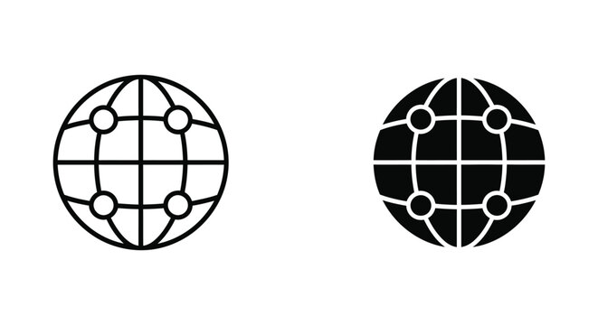 Global network globe icon set featuring connected nodes in outline and solid black styles for international communication and internet concepts