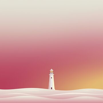 Minimalist conceptual illustration of a white lighthouse standing on soft white dunes under a pink and orange gradient sky