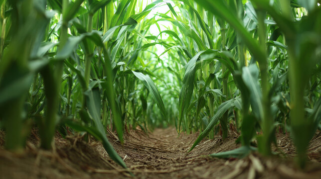 Corn maze pathways cutting through tall green corn plants, ground-level view, natural daylight isolated in minimal studio setup
