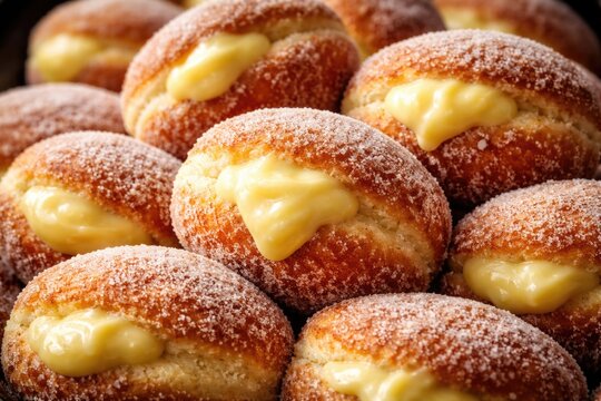 Soft fluffy bomboloni doughnuts generously filled with creamy custard and dusted with sugar