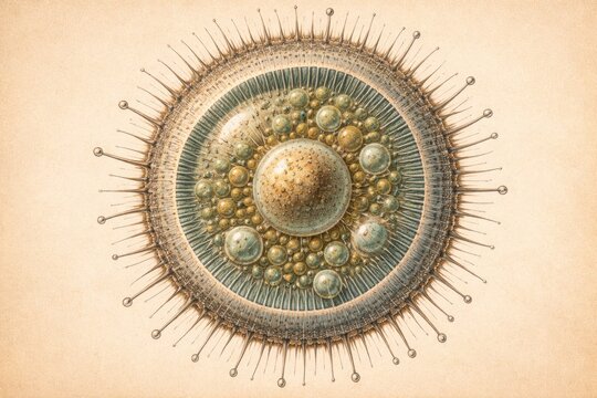 Scientific vintage style drawing of sea urchin ovum with distinct radial membrane striation and inner protoplasm