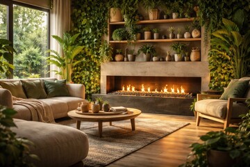 Fototapeta premium Interior design with a lit bio ethanol fireplace emphasizing eco sustainability