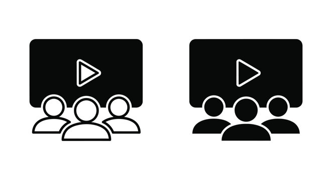 Audience watching video presentation icons set with play button overlay in linear and solid styles