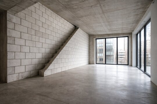 Urban apartment featuring angled aerated concrete block wall and spacious empty zone
