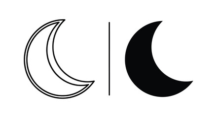 Crescent moon icon set representing night and sky in clean outline and solid black silhouette styles isolated on white background for weather and celestial design projects © designsky