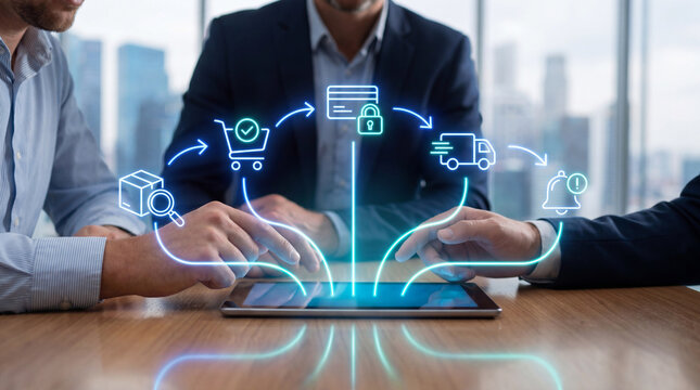 Business people collaborating on e-commerce strategy, interacting with digital workflow icons displayed on a tablet.