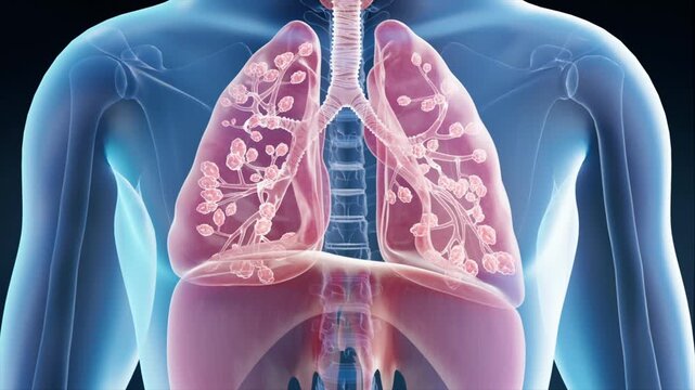 From pneumonia to healthy lungs: 3D animation shows alveoli enabling breath and oxygen. Smoker's lung damage reversed, respiratory and bronchial healing, asthma recovery.