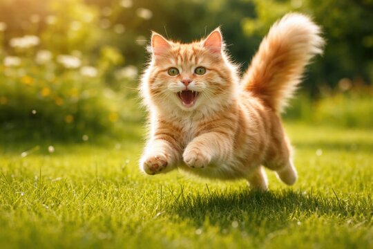 Happy pet cat frolicking in full length on a bright green grass lawn summer day