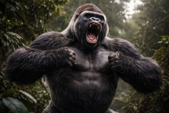 Large silverback gorilla chest beating to assert dominance