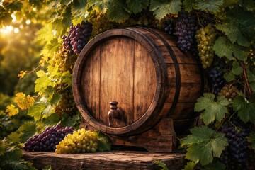 Naklejka premium Wine cask made of wood encircled by grapevine foliage ideal for product presentation