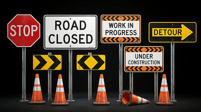 Essential Road construction signs and cones clearly indicating safety warnings for ongoing work and detours