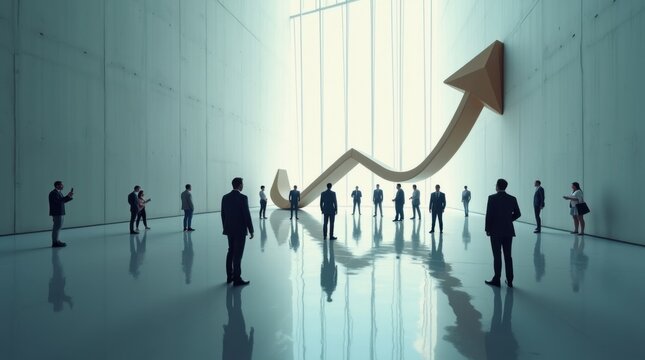 Una enorme flecha se eleva a trav&eacute;s del piso de la oficina mientras peque&ntilde;os empleados observan