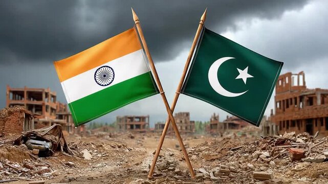 Divided by Nations: The flags of India and Pakistan cross against the backdrop of a war-torn landscape, symbolizing the complex relationship between the two nations.