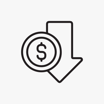 Vector icon of a dollar coin with a down arrow indicating price drop or cost reduction. High-quality black outline symbol for financial loss, economic recession, business analytics, and discount offer