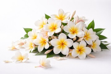 Fototapeta premium Fresh plumeria floral display on a crisp white backdrop for studio background