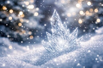 Naklejka premium Twinkling ice shard set against a snowy bokeh scene for festive invitations