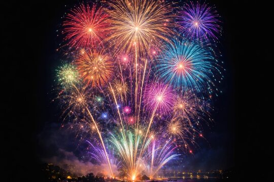 Colorful fireworks bursts in vertical orientation captured with extended exposure