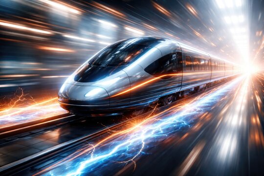 Motion blurred futuristic train navigating sideways on radiant electric tracks under high key lighting