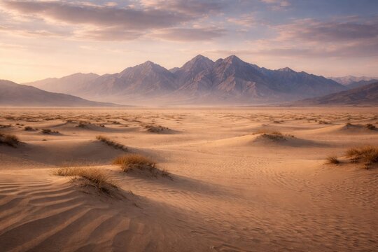 quiet sandy expanse with impressive peaks far away