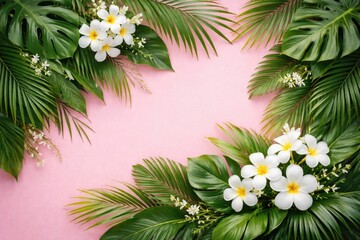 Fototapeta premium tropical summer composition showcasing layered green leaves and delicate white flowers on pink surface