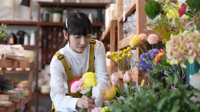 Smiling young asian female florist in yellow apron arranging beautiful colorful artificial flowers in retail boutique, Small business SME owner lifestyle, home decor shop management, creative concept