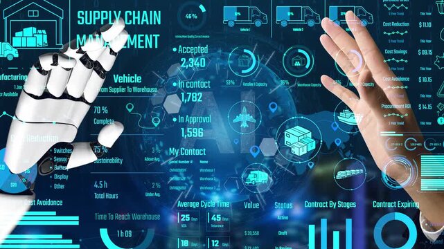 AI controls supply chain systems with virtual assistant monitoring, route optimization, and artificial intelligence for procurement, delivery, and warehouse tracking. Thunk