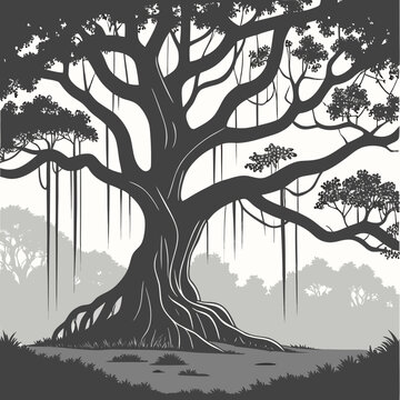 Banyan tree silhouette with hanging aerial roots, majestic ancient fig tree vector illustration, tropical jungle landscape in monochrome style