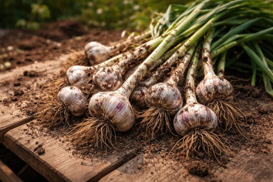 Freshly dug garlic tubers arranged on rustic wooden surface