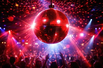 Naklejka premium Red shiny disco ball casting dazzling reflections in an upbeat club atmosphere