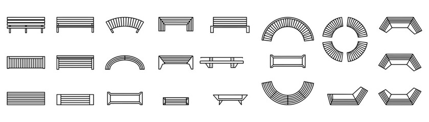 Obraz premium Top view modern park bench and outdoor. Top view and side view seating elements. Set of bench icons and urban furniture for landscape planning. Vector illustration.