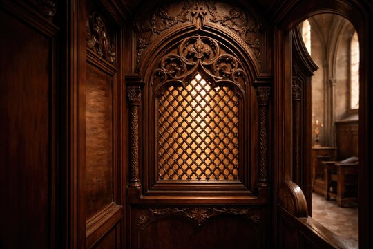 Traditional carved wood window in a church confession booth
