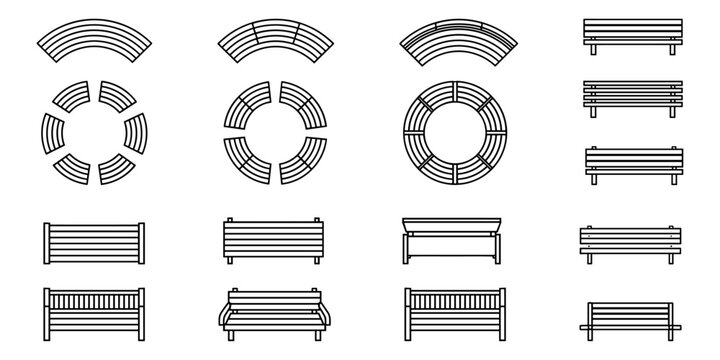 Top view park bench. Set of park bench symbols for architectural design and landscape floor plans. Vector illustration.