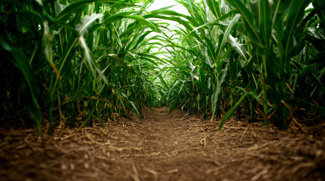 Stylized corn maze pathways cutting through tall green corn plants, ground-level view, natural daylight composition for business presentation