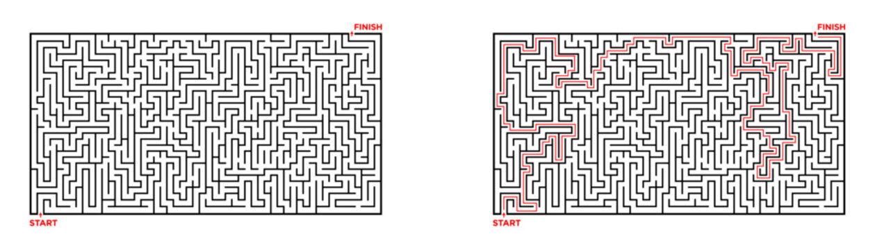 Maze design. Comparison of unsolved and solved complex maze puzzle for education. Vector illustration.